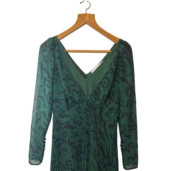 Self-Portrait Green Black Leopard Print Pleated Chiffon Maxi Dress Sz 4 Evening - Picture 6 of 9